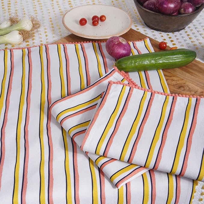 TARAN LIVING Printed Kitchen Dish Bar and Tea Towels Cotton, 18x28 inch with Trims, Cotton Dish Towel Sets (Yellow Stripes, Set of 6)