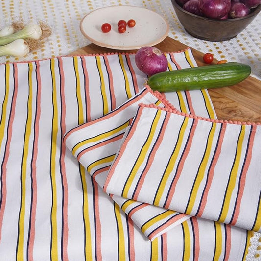 TARAN LIVING Printed Kitchen Dish Bar and Tea Towels Cotton, 18x28 inch with Trims, Cotton Dish Towel Sets (Yellow Stripes, Set of 6)