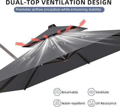 10x13FT Cantilever Outdoor Patio Umbrellas, Double Top Large Rectangle Umbrella, Heavy Duty 360° Rotation Offset Outdoor Sun Shade Umbrella for Garden Deck Pool Backyard Patio, Grey