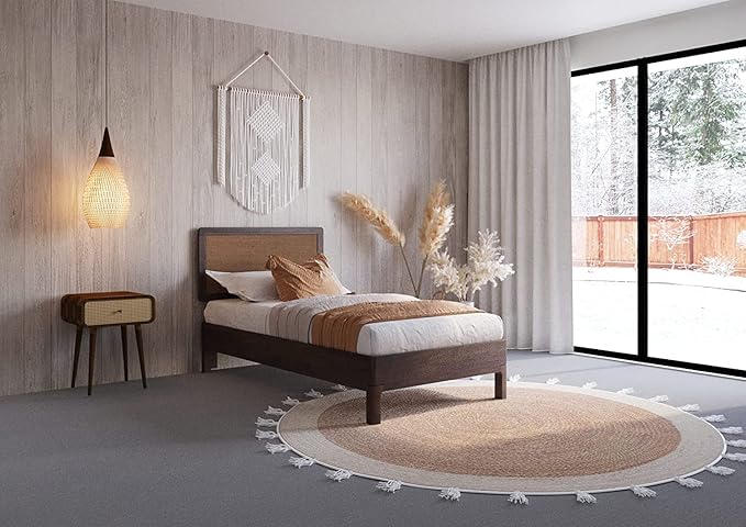 Bme Nipe 14 Inch Deluxe Bed Frame with Adjustable Headboard - Rustic & Bohemian Unique Style with Acacia Wood - No Box Spring Needed - 12 Strong Wood Slat Support - Easy Assembly - Twin, Walnut