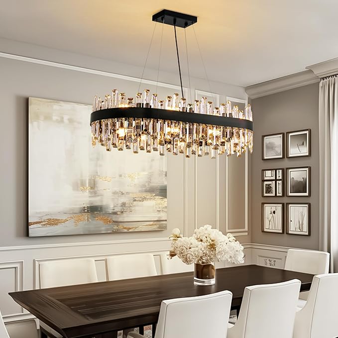 Siljoy Modern Crystal Chandelier for Dining Room, 16-Light Black Oval 2-Tiers Crystal Raindrop Chandelier, Farmhouse Dimmable Crystal Pendant Ceiling Light for Living Room Kitchen Island L35.4''