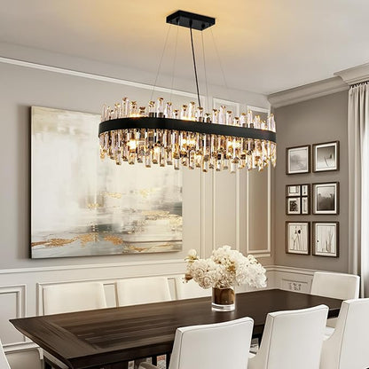 Siljoy Modern Crystal Chandelier for Dining Room, 16-Light Black Oval 2-Tiers Crystal Raindrop Chandelier, Farmhouse Dimmable Crystal Pendant Ceiling Light for Living Room Kitchen Island L35.4''