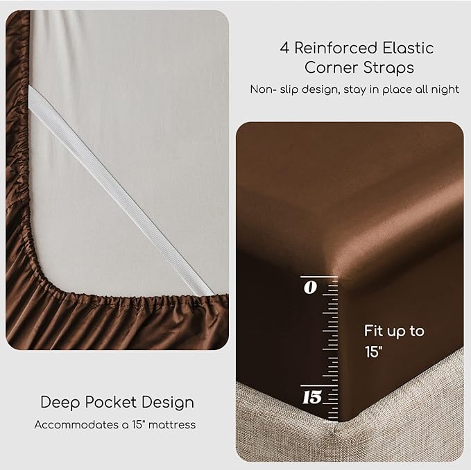 MR&HM Satin Bed Sheets, King Size Sheets Set, 6 Pcs Silky Bedding Set with 15 Inches Deep Pocket for Mattress (King, Brown)