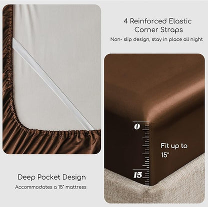MR&HM Satin Bed Sheets, King Size Sheets Set, 6 Pcs Silky Bedding Set with 15 Inches Deep Pocket for Mattress (King, Brown)