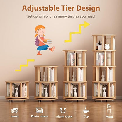 Solid Wood Rotating Bookshelf on Wheels, 4 Tier, Round Revolving Bookcase, 360° Spinning Book Shelf Tower for Kids, Narrow Rolling Bookshelves for Small Space, Corner, Bedroom, Office, Natural
