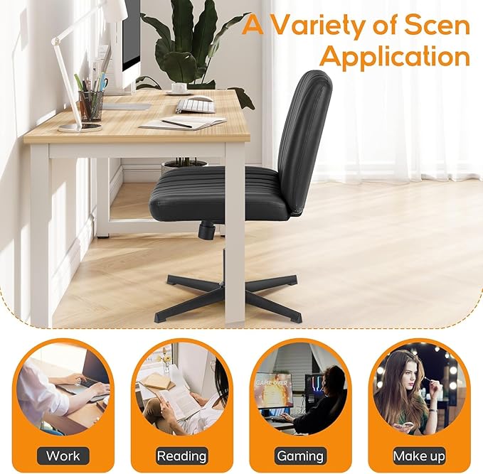 DUMOS Criss Cross Chair Legged Office Wide Comfy Desk Seat, No Wheels Armless Computer Task Seating, Swivel Vanity Home Height Adjustable