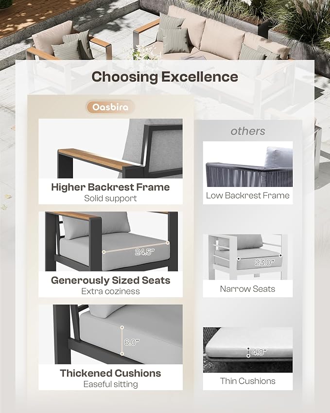 Aluminum Outdoor Patio Furniture Set with Table, 4 Piece Patio Conversation Sets with Washable Thick Cushions, Outdoor Chair Patio Sectional Furniture Set for Porch, Balcony, Deck, Gray