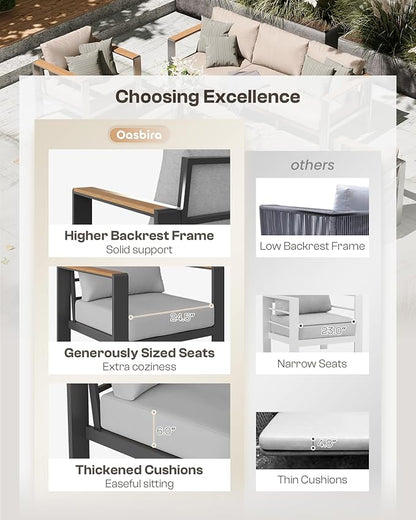 Aluminum Outdoor Patio Furniture Set with Table, 7 Piece Patio Conversation Sets with Thick Cushion, Ottomans, Outdoor Seating Patio Sectional Furniture Set for Porch, Balcony, Deck, Yard, Gray