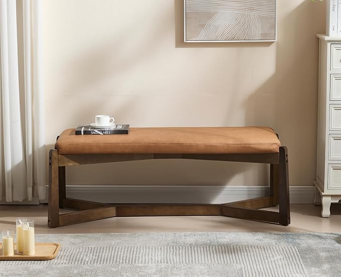 CIMOTA 49 Inch Modern Entryway Bench, Upholstered Bedroom Bench with Solid Wood Frame, Y-Shaped Foot, Comfy Ottoman for Bedroom End of Bed/Hallway/Living Room/Indoor, PU Brown