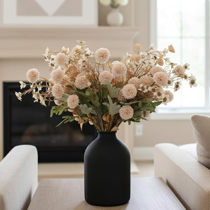 Beige Silk Flower Arrangements For Home Decor, Large Floral Centerpieces For Tables, Fake Mums + Eucalyptus + Wild Flowers in Bulk, Long Stem Artificial Flowers, Faux Mums Flowers