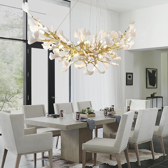 Modern Gold Tree Branch Chandeliers for Dining Room,55" Rectangle Ceramic Ginkgo Leaf Chandelier, Dining Chandelier Over Table,Linear Chandeliers for Dining Room, Living,Kitchen