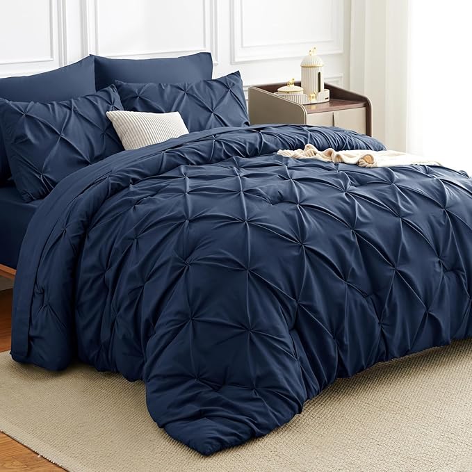 CozyLux King Size Comforter Set Navy Blue, 7 Pieces Pintuck Bed in A Bag Blue Comforter King Size, Pinch Pleat Bedding Set with All Season Comforter, Sheets, Pillowcases & Shams