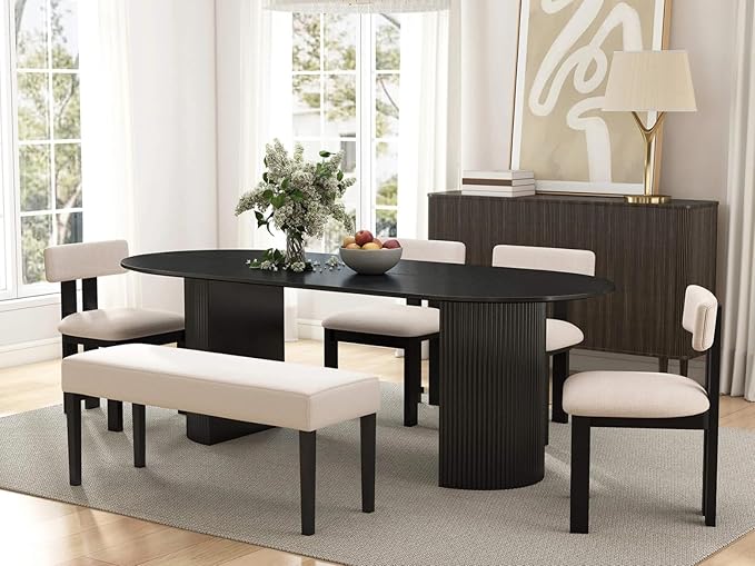 79" Modern Oval Dining Table, Farmhouse Round Wood Kitchen & Dining Room Table for 4-6 Seats, Wooden Strip Base, Home Desk with Easy-Clean Tabletop, Black