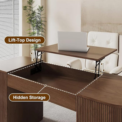 homary Modern 59.8" Standing Desk with Lift-Top & Ample Storage, Fluted Engineered Wood Home Office Desk with 2 Doors, Walnut