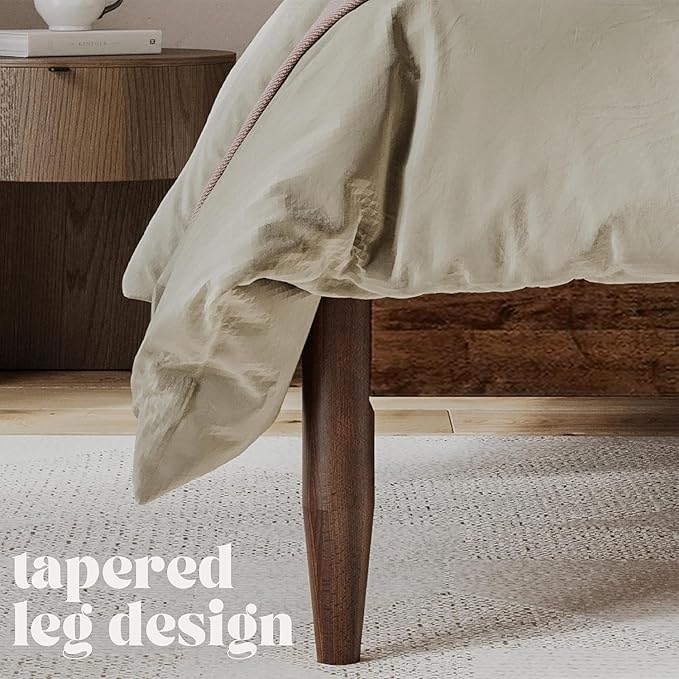 DG Casa Solid Wood Boucle Mid-Century Modern Full Size Wooden Platform Bed Frame - Upholstered in Cream Boucle - Walnut Finish