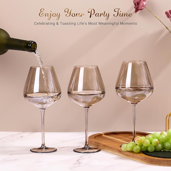 Physkoa 2025 Trendy Mocha Mousse Color Wine Glasses Set 6-18oz Long Stem Amber Smokey Wine Glasses-Hand Blown Mocha Stemware for Home Party