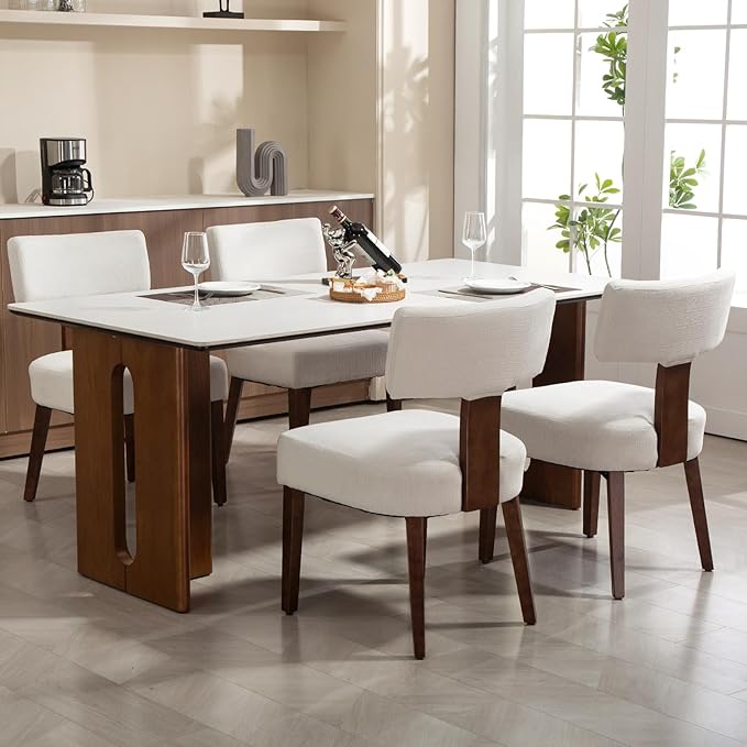 Dining Chairs Set of 4, Fabric Upholstered Wood Kitchen Chairs, Armless Linen Curved Backrest Chair Farmhouse Modern Dining Chairs with Foot Pad for Kitchen/Living Room/Restaurant/Cafe-Beige