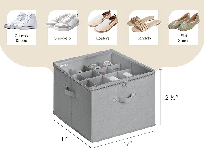 StorageWorks Shoe Organizer for Closet, Fits up to 16 Pairs, Shoe Cubby Storage Containers with Adjustable Dividers and Clear Cover, Grey