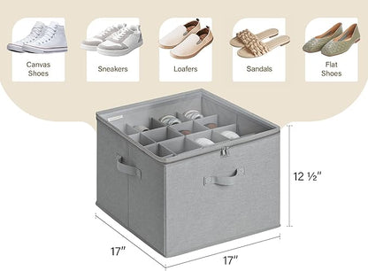 StorageWorks Shoe Organizer for Closet, Fits up to 16 Pairs, Shoe Cubby Storage Containers with Adjustable Dividers and Clear Cover, Grey