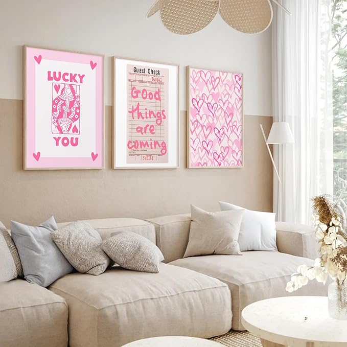 Lucky You Pink Wall Art Guest Check Preppy Wall Decor Trendy Aesthetic Canvas Wall Art Funky Retro Poster Hearts Cute Picture Prints Inspirational Artwork for Room Bedroom 16x24 Inch Unframed Set of 3