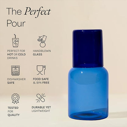 Glass Carafe and Cup Set | BPA Free, Dishwasher Safe, Durable & Lightweight | Ideal for Cold & Hot Beverages - Light Blue & Cobalt