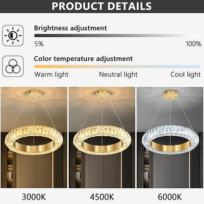 16" Ring Modern LED Dimmable Crystal Chandelier Adjustable Height Pendant Light Round Crystal Chandelier Light Fixtures for Dining Room Living Room Kitchen Island Gold