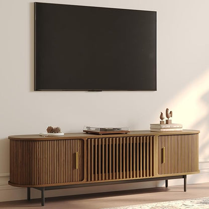 POVISON Mid Century Modern TV Stand for 65 inch TV, Sliding Door Entertainment Center with Storage, Wood TV Console, Media Console for Living Room Bedroom, Fully-Assembled (Walnut, 70.87")