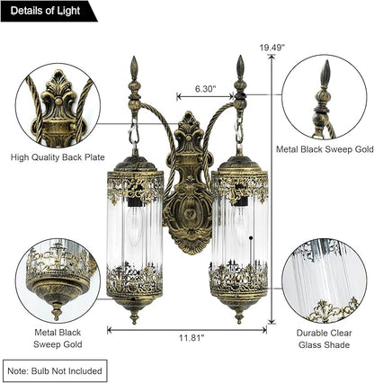 Rustic Glass Wall Sconce Vintage 2-Lights Antique Gothic Wall Light Fixture Retro Farmhouse Mid Centry Lantern Wall Sconce for Bedroom, Living Room, Mirror, Brush Gold, E12