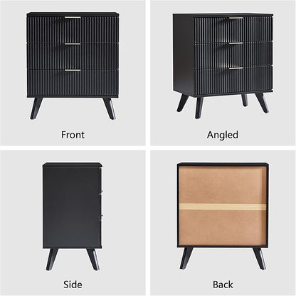 Fluted 3 Drawer Dressers, Modern Closet Dressers Chest of Drawers, Wood Storage Dresser Chest of Drawers Organizer for Bedroom Living Room Hallway Closet(Black)