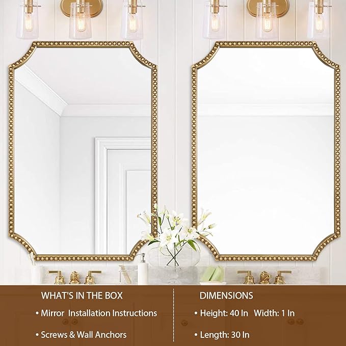30"x40" Mirror for Wall, Full Scalloped Corners Rectangle Decorative Mirror, Metal Beaded Frame Accent Wall Decor for Bathroom, Entryway, Mantel, Antique Gold