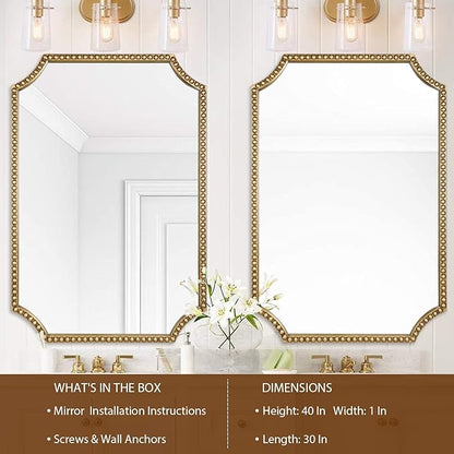 30"x40" Mirror for Wall, Full Scalloped Corners Rectangle Decorative Mirror, Metal Beaded Frame Accent Wall Decor for Bathroom, Entryway, Mantel, Antique Gold