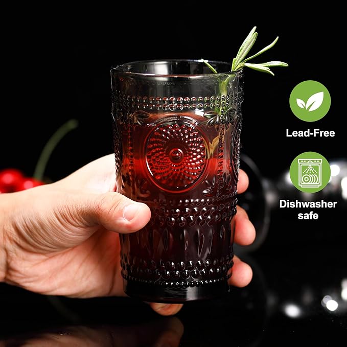 Grey Drinking Glasses Set of 12, 16 Oz Highball & 13 Oz Cocktail Glasses, Grey Kitchen Vintage Glassware Set, Floral Embossed Glass Tumbler Cups for Juice, Whiskey, Water, Beer, Coffee