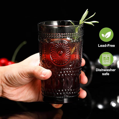 Grey Drinking Glasses Set of 12, 16 Oz Highball & 13 Oz Cocktail Glasses, Grey Kitchen Vintage Glassware Set, Floral Embossed Glass Tumbler Cups for Juice, Whiskey, Water, Beer, Coffee
