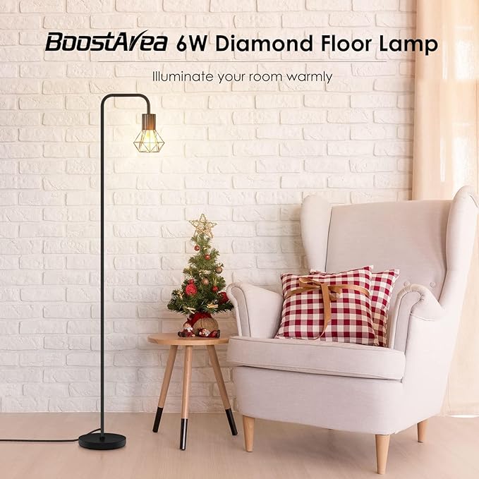 BoostArea Floor Lamp, Industrial Floor Lamp, 6W Diamond Standing Lamp, E26 Socket, On/Off Footswitch, Whole Metal, Modern Small Simple Stand Up Lamp for Bedroom Living Room, Vintage, Mid Century