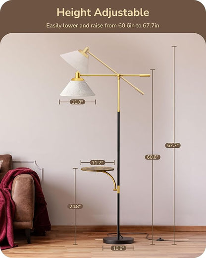 EDISHINE 68" Arc Floor Lamp with Table, Vintage Standing Lamp for Living Room, Height Adjustable, 5 Color Temperatures LED Bulb Included, Beige Shade, for Bedroom Office, Wood Grain