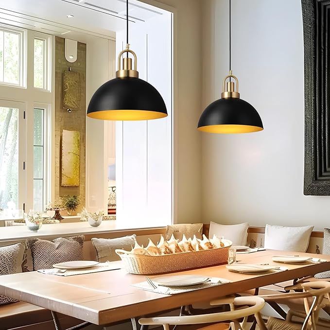 Eustace 13.7'' Matte Black and Gold Farmhouse Pendant Light, Adjustable Hanging Lamp,Industrial Ceiling Lights Fixture for Kitchen Island Dining Room Hallway Restaurant