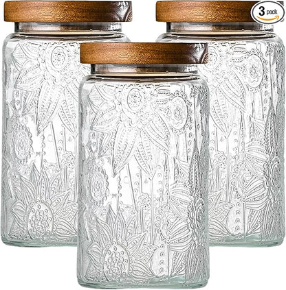 3-Pack 32oz Vintage Glass Jar With Lid, Glass Storage Containers, Airtight Kitchen Storage Containers For Sugar, Coffee, Tea, Spice, Flour, Candy Cookie, Pasta, Cereal