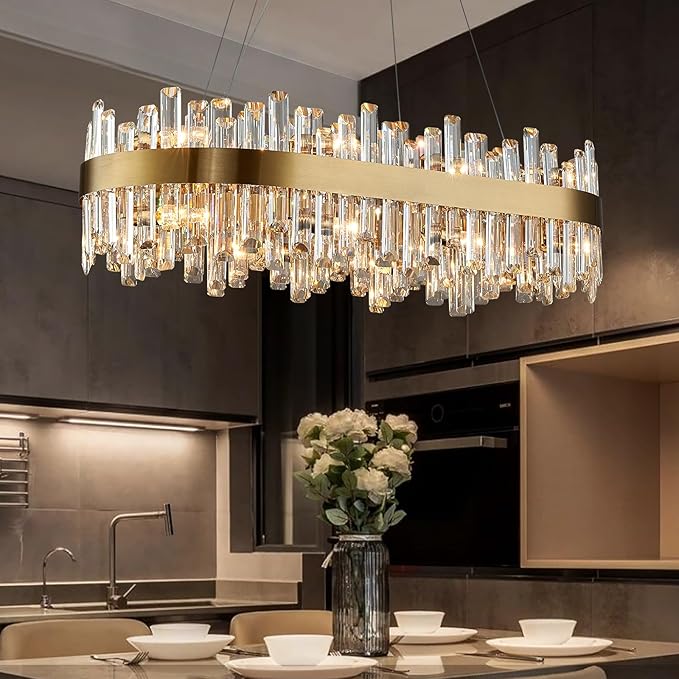 Siljoy Rectangular Gold Crystal Chandelier, 16-Light Modern 2-Tiers K9 Crystal Raindrop Chandelier, Luxury Oval Crystal Penadnt Ceiling Light Fixture for Dining Room Living Room Kitchen Island L35.4''