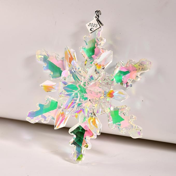 2025 Annual Edition Snowflake Crystal Christmas Ornaments,Christmas Tree Ornaments Crystal Sun Catcher Home Hanging Decor(25-Dreamy Pink)