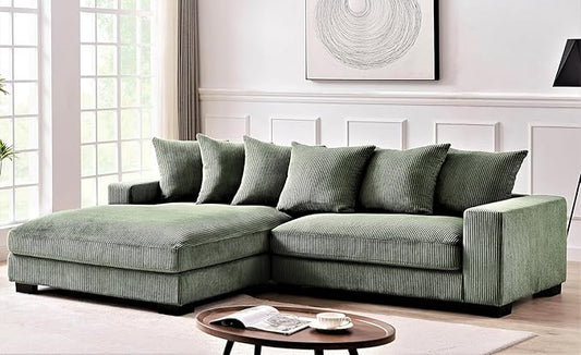 Container Furniture Direct Luxe 2 Piece Sectional Sofa with Chaise Corduroy Upholstery Left Facing, Dark Green