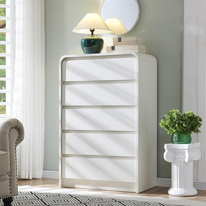 Modern 5 Drawers Dresser for Bedroom, 45" Tall Dressers & Chests of Drawers w/Curved Profile Design, Wood Mid Century Vertical Dresser w/Natural Texture for Bedroom, Living Room, Antique White