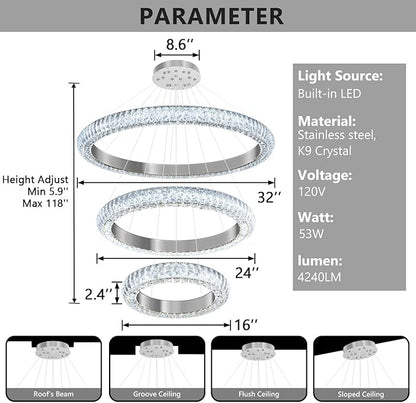 31.5" 3 Ring Crystal Chandelier Modern LED Dimmable Ring Pendant Light Round Chandelier for Dining Room Living Room Silver