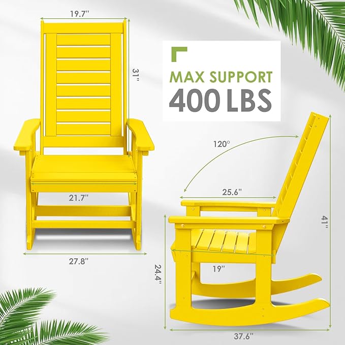 GREENVINES Outdoor Rocking Chairs | Set of 4 | Porch Rocker | HDPE Plastic | Yellow | Oversized Rockers | High Back | Big & Tall | Ladder Back | for Patio Outside Backyard Balcony Garden
