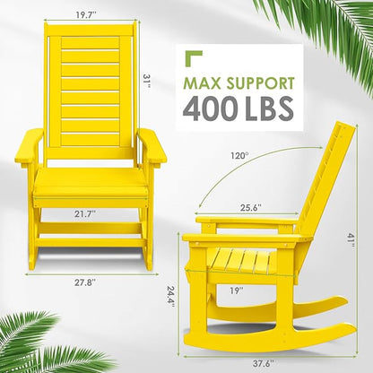 GREENVINES Outdoor Rocking Chairs | Set of 4 | Porch Rocker | HDPE Plastic | Yellow | Oversized Rockers | High Back | Big & Tall | Ladder Back | for Patio Outside Backyard Balcony Garden