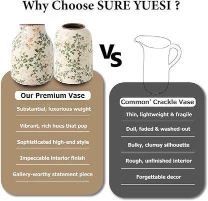 Green and White Vintage Vase with Handle, Chinoiserie Floral Pitcher Vase, Rustic Ceramic Farmhouse Vases for Home Decor, Living Room, Bookshelf, Office, Grand Millennial Decors, Tuscan Decor 7.9 Inch