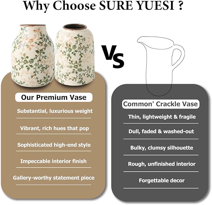 Ceramic Vase Set of 3, Vintage Green and Beige Vases Set, Flower Rustic Chinoiserie Vases Floral Grand Millennial Farmhouse Decor Vase for Home Decor, Living Room, Kitchen, Bedroom, Bookshelf