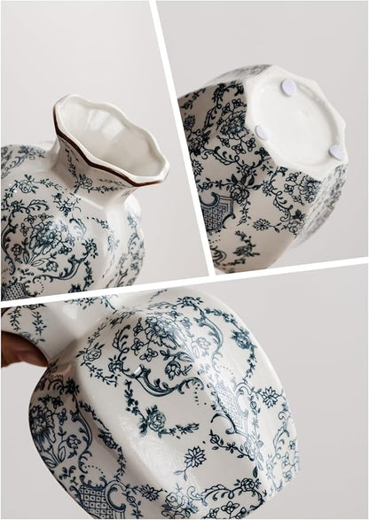 Blue and White Vase, Vintage Blue Ceramic Flower Vessel,Ceramic vases for Home Decor,Vintage Green and Beige for Console Table Mantle Chinoiserie Decor (Retro-03, Small)