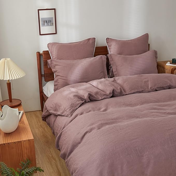 Simple&Opulence 100% Linen Duvet Cover Set, 3 PCS Natural French Flax Purple Duvet Cover Queen Size, Breathable Soft Comfy Linen Bedding Comforter Cover with 2 Pillowcases(Purple, 88"x92")