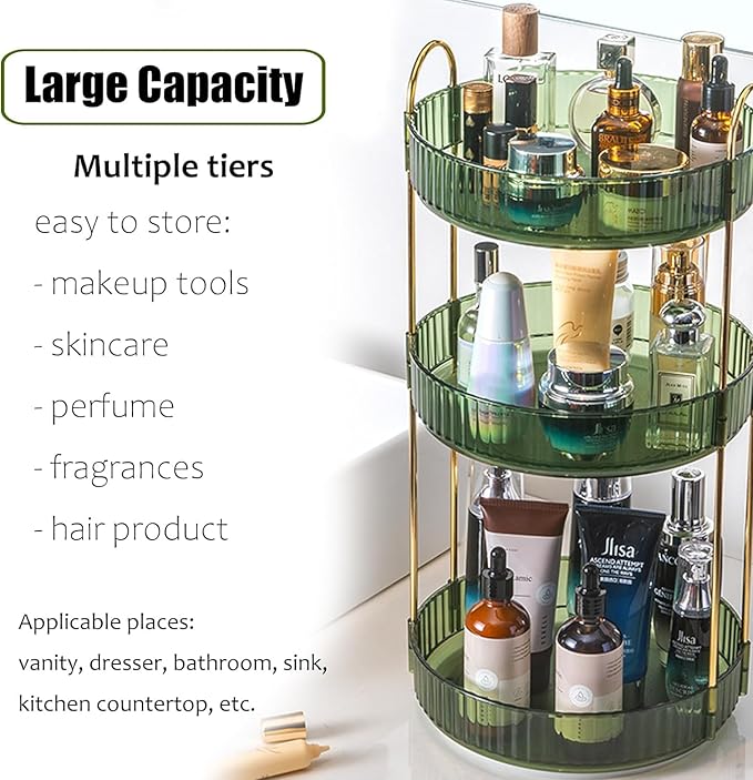 Rotating Makeup Organizer Countertop 3 Tier Lazy Susan Clear Skincare Perfume Storage for Bathroom Counter Vanity, Green Gold