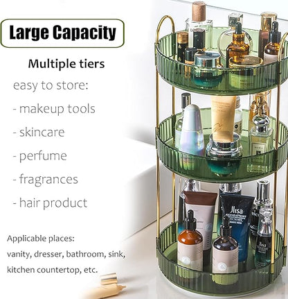 Rotating Makeup Organizer Countertop 3 Tier Lazy Susan Clear Skincare Perfume Storage for Bathroom Counter Vanity, Green Gold